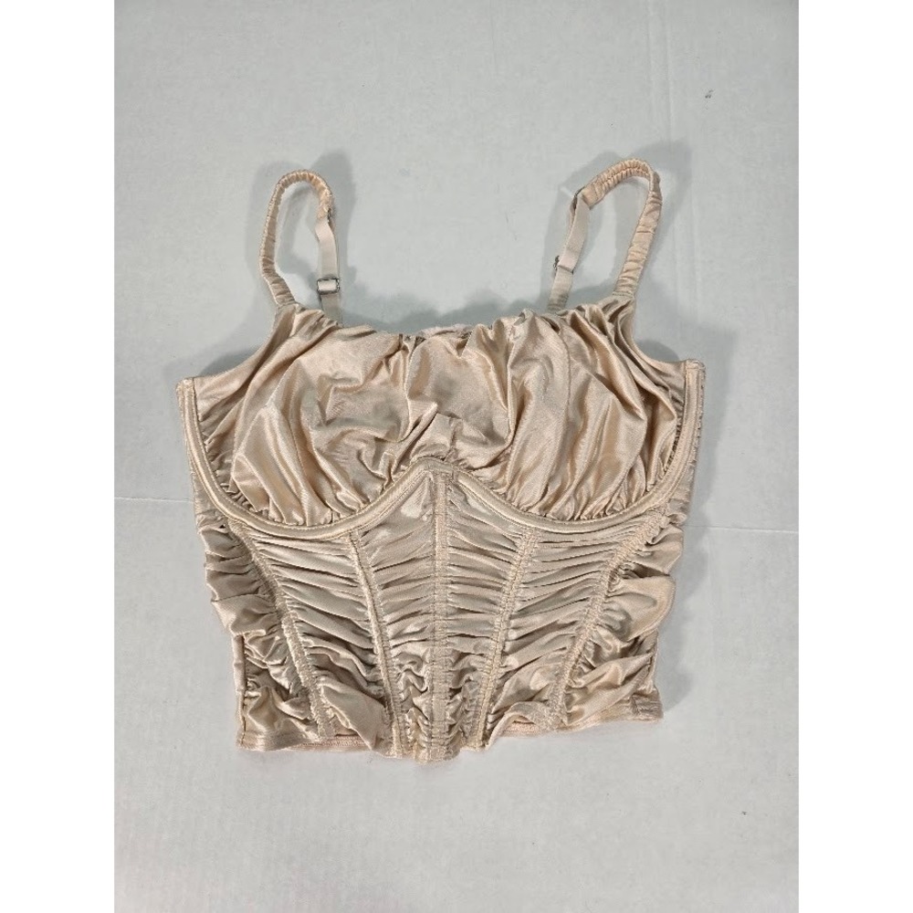 Ruched Corset Cami Top‎ Adjustable Straps Bustier Crop Top Beige Small